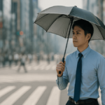 ビジネススーツ姿の男性が都会の交差点で日傘を差し、真剣な表情で前を見つめてている様子