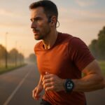 朝日を背景に、ワイヤレスイヤホンとスマートウォッチを着けてジョギングする男性ランナー。健康的なライフスタイルとフィットネスの概念を表現。