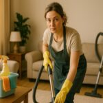 リビングで掃除機をかける女性。エプロンとゴム手袋を着用し、テーブルには洗剤とクロスが置かれている。清潔感のある室内で丁寧に大掃除をしている様子。