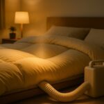 「布団乾燥機で温められたふかふかの布団と暖かい照明の寝室