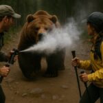 登山中の男女が熊に遭遇し、熊撃退スプレーを使用して身を守る瞬間。森林の登山道での危険回避シーン。