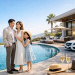 海を望むインフィニティプール付きヴィラで寄り添う家族。テラスにシャンパンと旅行バッグ。