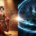 国宝をイメージした月夜の城と桜を背景に扇を持つ舞妓の和装と、青い稲妻の刀を構える鬼滅の刃をイメージした剣士を左右に配置することで対比したビジュアル画像。