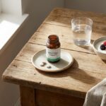 木製テーブルの上に置かれた整腸剤の錠剤ボトルと錠剤、コップ一杯の水、ベリー入りヨーグルトの朝食