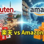 楽天とAmazonのロゴが並び、日本の風景と倉庫背景を対比させた「楽天 vs Amazon」の福袋の比較イメージ