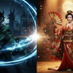 近未来の夜景で青い稲妻をまとう角の剣士と、満月の城下で赤い着物と扇子を持つ女性を並べた二分割イラスト