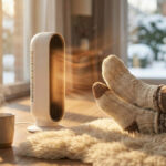 冬の窓辺で稼働するセラミックファンヒーターと、暖まる厚手の靴下を履いた足元