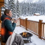 雪のログハウスのテラスで、電熱ベストを着てマグを持ち、焚き火で暖を取る女性