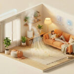 花粉対策が施された清潔なリビングで、加湿器を使用しながらソファで読書をする女性のイラスト。窓からの花粉をブロックし、湿度60%とクリーンな空気が維持されている様子。