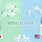 日本の鼻うがい「ハナノア」と米国の「Sinus Rinse」を左右で比較し、「Which one?」と選択を促すイラスト