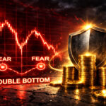 株価下落で不安が強まる市場を背景に、二番底を示すチャートの前に盾と金貨が置かれた、下落相場の資産防衛を表すイメージ