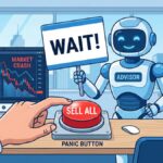 株価暴落のチャートが表示された画面の前で、全売却ボタンを押そうとする手をAI投資アドバイザーが「待て」と制止しているイラスト