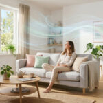 明るいリビングでくつろぐ女性のそばで稼働する白い空気清浄機。観葉植物のある室内で、きれいな空気と快適な暮らしを表現したイメージ。