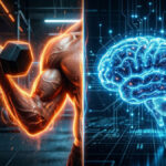 クレアチンの効果を表現したイメージ。オレンジに光るダンベルを挙げる筋肉質な腕（筋力アップ）と、青いデジタル回路で光る脳（集中力・認知機能向上）の分割画像。