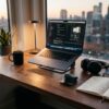 夕暮れの都市を望む窓際のデスクで、ノートPCにコードを表示し、コーヒーやヘッドホン、ノートが並ぶ集中しやすいホームオフィス環境