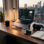 夕暮れの都市を望む窓際のデスクで、ノートPCにコードを表示し、コーヒーやヘッドホン、ノートが並ぶ集中しやすいホームオフィス環境