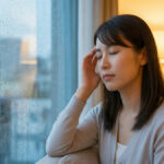 雨の日に窓辺でこめかみを押さえ、気圧の変化による頭痛や不調を感じている女性