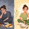 四毒抜きの食生活を表す比較イラスト。左は甘い菓子やパン、揚げ物に囲まれた疲れた女性、右は米・野菜・蜂蜜に囲まれた元気な女性。