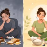 四毒抜きの食生活を表す比較イラスト。左は甘い菓子やパン、揚げ物に囲まれた疲れた女性、右は米・野菜・蜂蜜に囲まれた元気な女性。