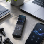 デスク上のAIボイスレコーダー、スマートフォンの音声録音アプリ、イヤホン、ノートPCが並ぶ作業環境