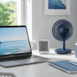 明るい在宅ワーク用デスクに、ノートPC、卓上ファン、温湿度計、蓋つきマグカップが並ぶ快適な作業環境