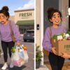 スーパーの駐車場で重い食料品袋を持ち疲れた女性と、自宅の玄関で食料品宅配を笑顔で受け取る女性を左右で比較したイラスト