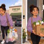 スーパーの駐車場で重い食料品袋を持ち疲れた女性と、自宅の玄関で食料品宅配を笑顔で受け取る女性を左右で比較したイラスト