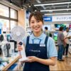 家電量販店の女性スタッフが、店内で夏の暑さ対策に使えるハンディファンを笑顔で紹介している。
