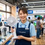 家電量販店の女性スタッフが、店内で夏の暑さ対策に使えるハンディファンを笑顔で紹介している。
