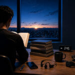早朝3時45分、日の出前の書斎で本を読む男性。机には積み重ねた本、ランニングシューズ、スマートウォッチ、イヤホンが置かれ、いつでも走りにいける状態で、読書を楽しむ朝活の一場面。