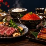 ふるさと納税の人気返礼品をイメージした牛ステーキ、いくら、うなぎ、帆立などの豪華な海産物・グルメ
