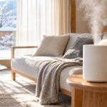 雪景色を望む和モダンなリビング。冬の日差しが差し込む室内で、木製サイドテーブルに置かれた白い加湿器からミストが立ち上る様子。