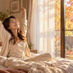 秋の朝、紅葉が見える大きな窓から柔らかな朝日が差し込む寝室で、ベッドに座り両腕を上げて気持ちよさそうに伸びをする女性