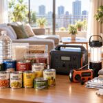 都市部のマンションのリビングに並べられた家庭用防災グッズ。飲料水、缶詰などの非常食、ポータブル電源、LEDランタン、携帯ラジオ、救急セットなどの備蓄用品。